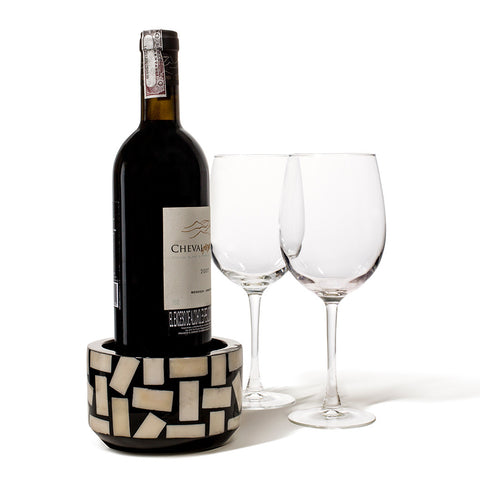 handmade rectangular bone inlaid into black wood bottle coaster with wine bottle and two wine glasses