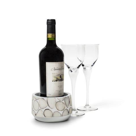 handmade white and beige inlaid natural tagua seed wood bottle coaster with one wine bottle and two crystal glasses
