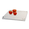 handmade white bone inlay square serving board with hammered german silver circles on corners and three red tomatoes