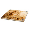 handmade light brown and dark brown spotted burn veneer square serving board with hammered german silver circles on corners
