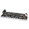 handmade black and brown horn rings inlaid in white wood rectangular serving board with two horn handles and german silver