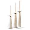 handmade cream and white bone on wood cylindrical candle holder set of three with german silver and three white taper candles