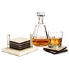 handmade light almendro bone square coaster set on base with german silver and glass and decanter next to it