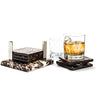 handmade black tan and white coconut german silver square wood coaster set coasters stacked with glass and liquor inside