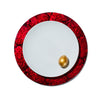 handmade ruby red iridescent mother of pearl charger plate rim with white plate and gold egg in center