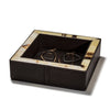handmade dark brown stitched leather square catch-all with beige and brown horn border and jewelry inside