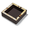 handmade dark brown stitched leather square catch-all with beige and brown horn border