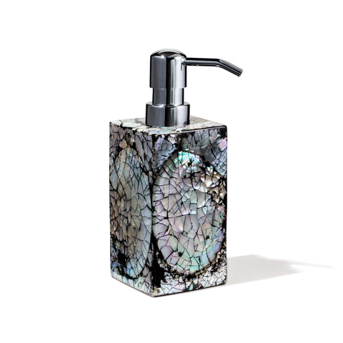 handmade iridescent mother of pearl wood soap dispenser