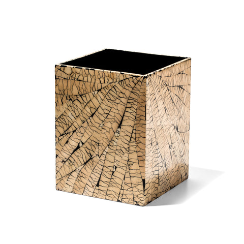 handmade beige and black cracked patterned totumo wood wastebin