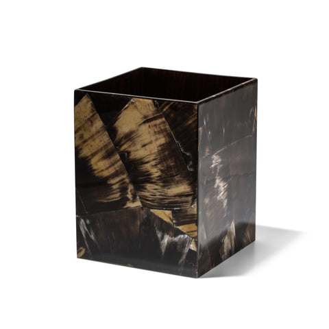 handmade black and beige splatter horn veneer wood wastebin