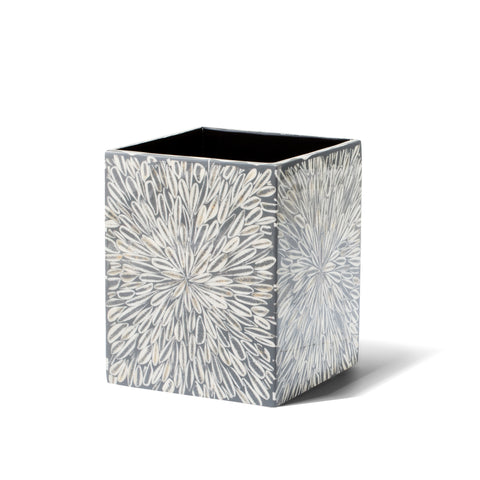 handmade gray and white loop patterned almendro bone wood wastebin