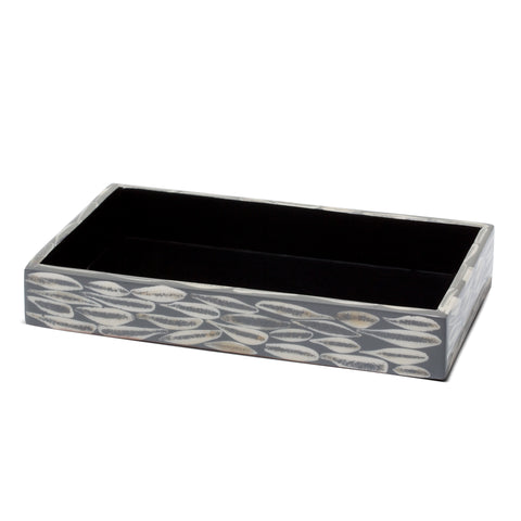 handmade gray and white loop patterned almendro bone wood bath tray empty with black wood interior