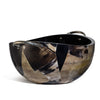 handmade brown and black geometric natural horn pattern serving bowl with black interior and german silver c-shaped handles