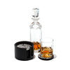 handmade black and white almendro round wood bone coaster set with coasters in container with decanter and glass with drink