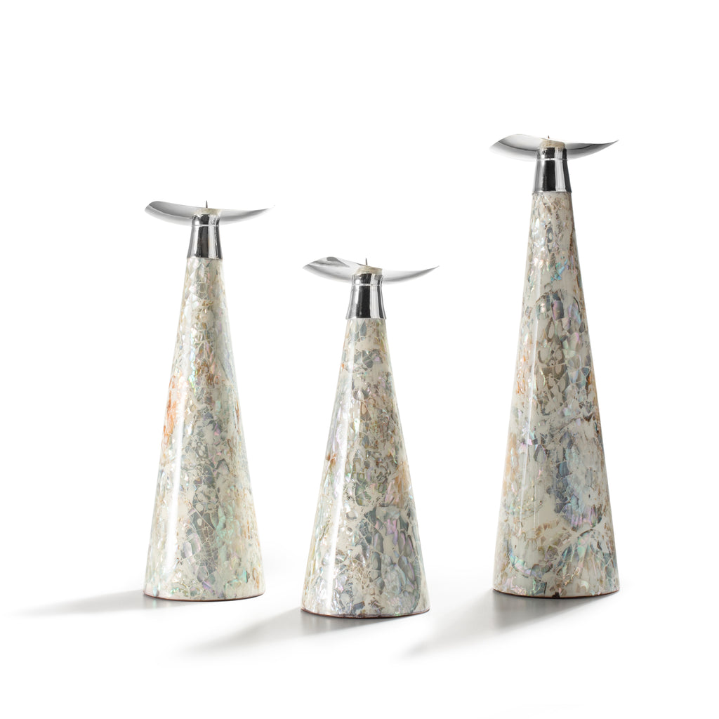 A Mother of Pearl Candleholder Trio by LaDorada, handcrafted with exquisite detail, showcasing Colombian artistry.