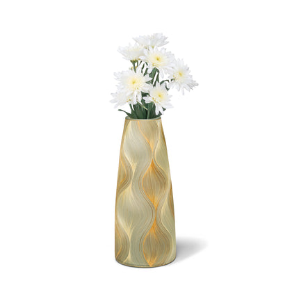 A Barichara 12" Glass Vase #2 by LaDorada, featuring beige; gold; clear hues, showcasing Colombian artistry.