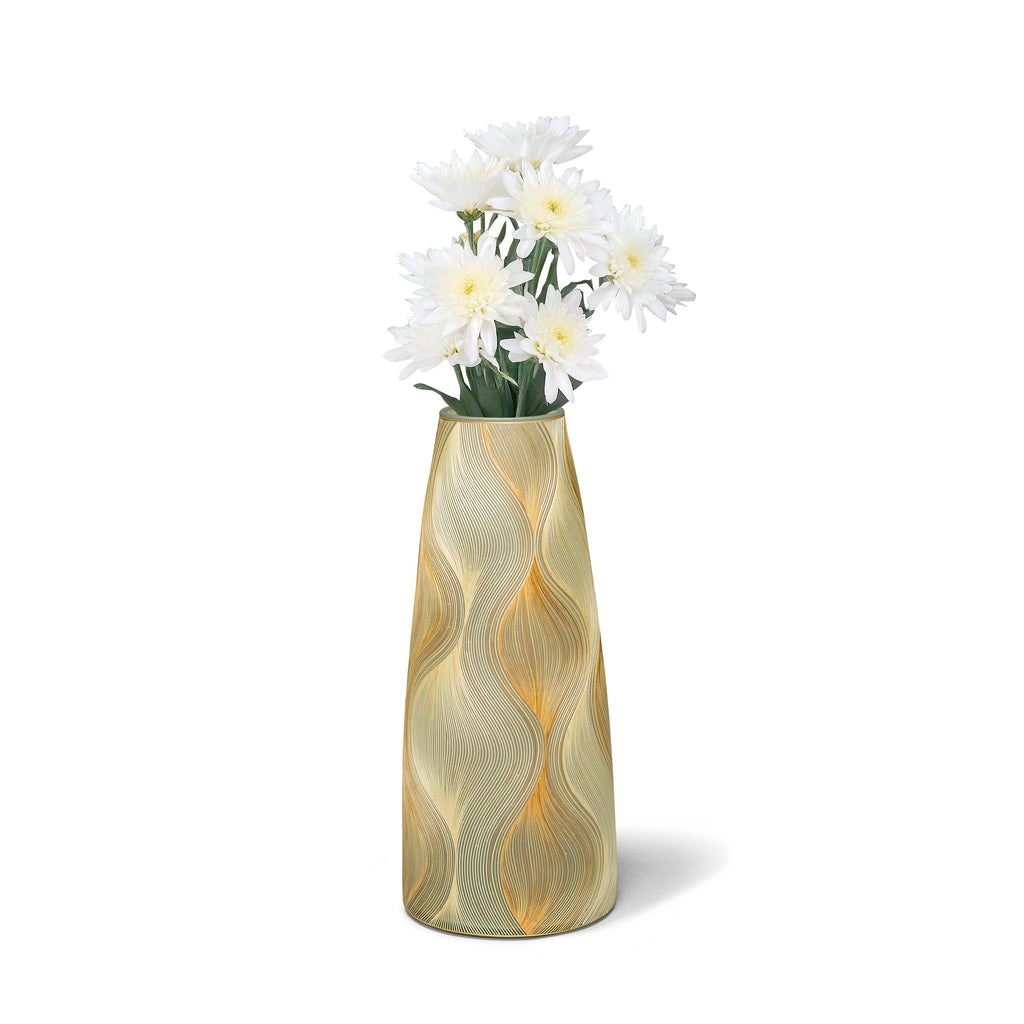 A Barichara 12" Glass Vase #2 by LaDorada, featuring beige; gold; clear hues, showcasing Colombian artistry.