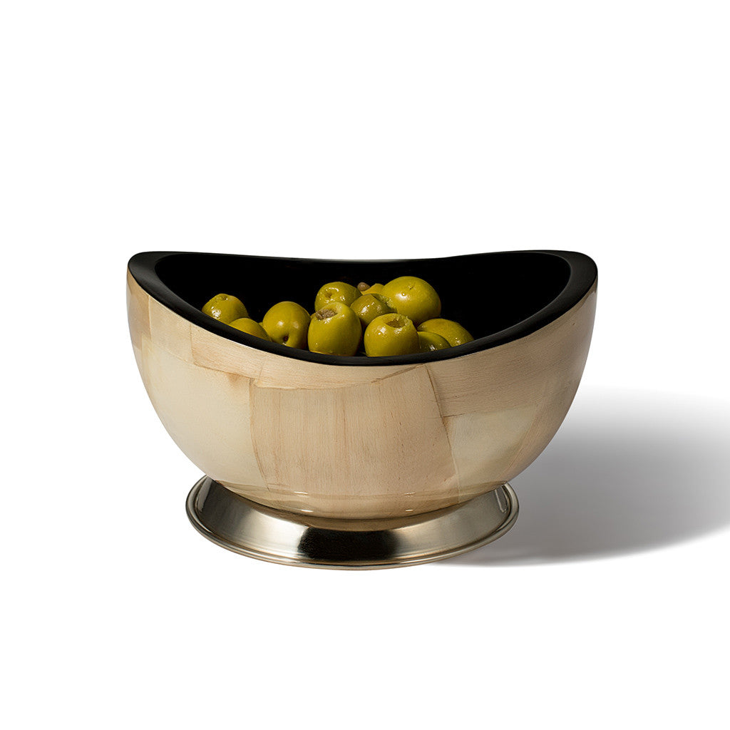 handmade burl veneer accent bowl light with brown ethereal geometric pattern and black interior containing green olives