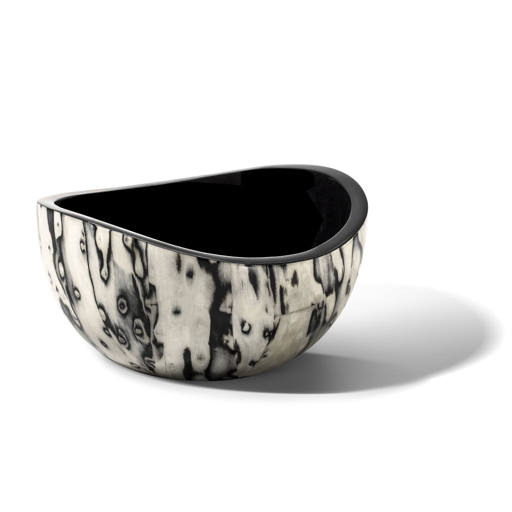 handmade wood veneer accent bowl with black and white organic pattern empty