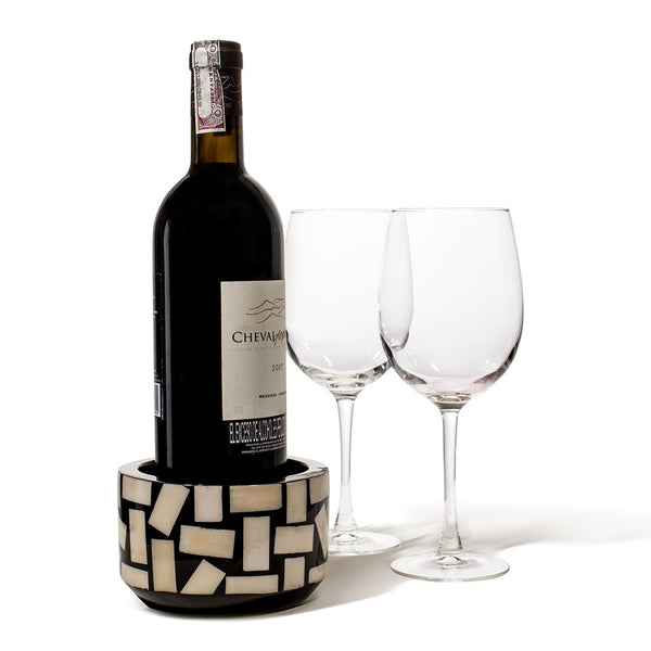 handmade rectangular bone inlaid into black wood bottle coaster with wine bottle and two wine glasses