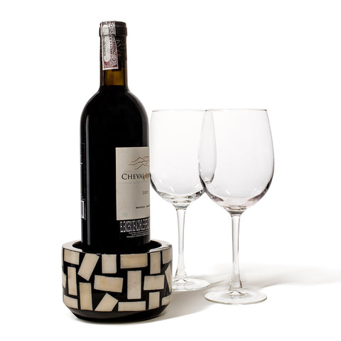 handmade rectangular bone inlaid into black wood bottle coaster with wine bottle and two wine glasses 
