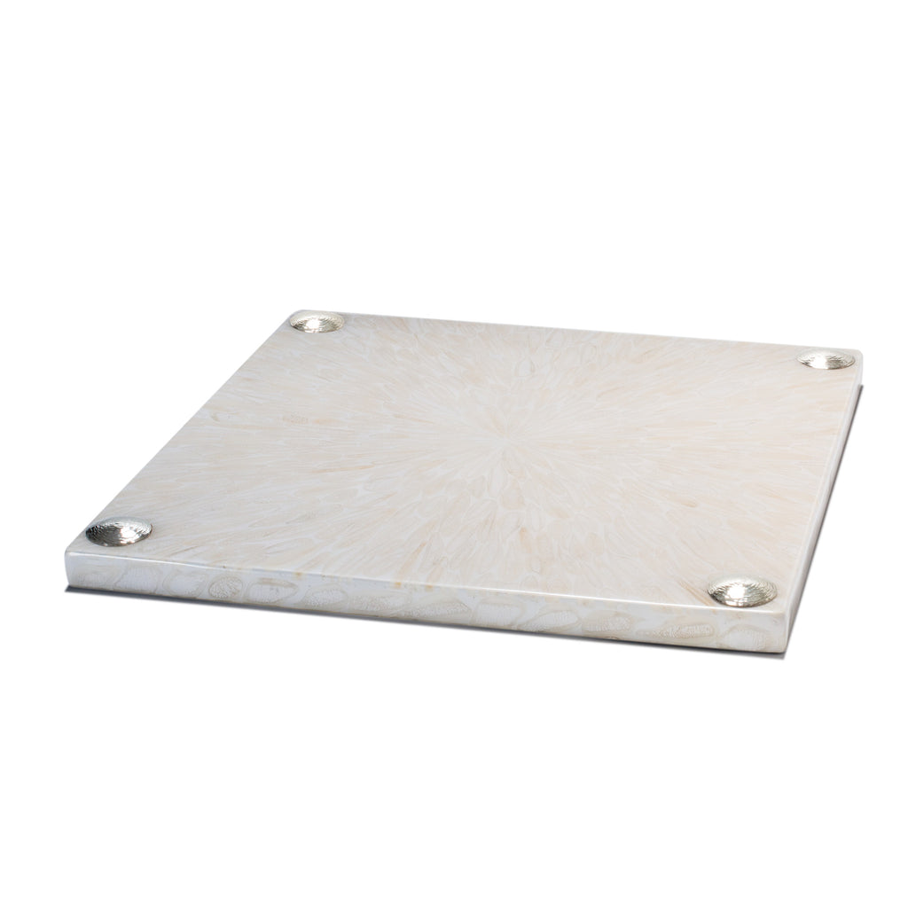 handmade white bone inlay square serving board with hammered german silver circles on corners 