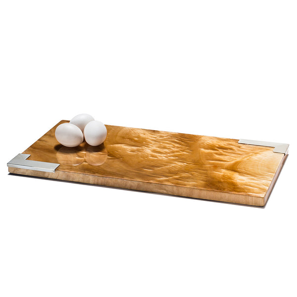 handmade light brown and dark brown spotted burl veneer rectangular serving board with three eggs 