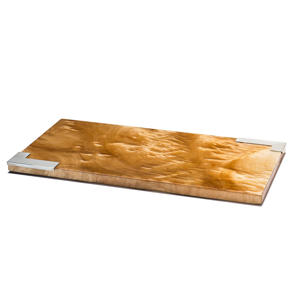 handmade light brown and dark brown spotted burl veneer rectangular serving board