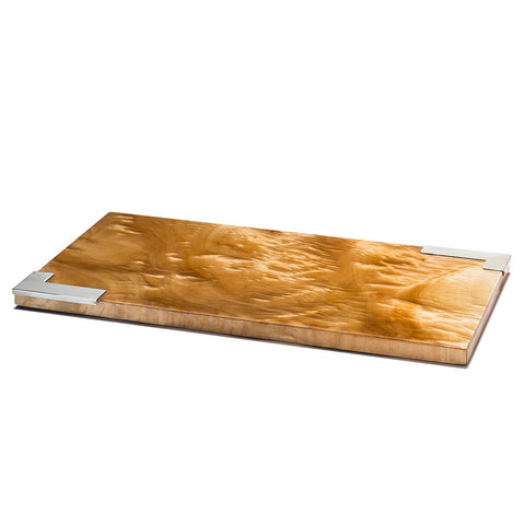 handmade light brown and dark brown spotted burl veneer rectangular serving board
