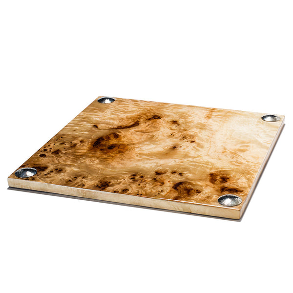 handmade light brown and dark brown spotted burn veneer square serving board with hammered german silver circles on corners 