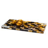 handmade black and light brown chequered natural horn rectangular serving board with german silver corners and three golden eggs on top