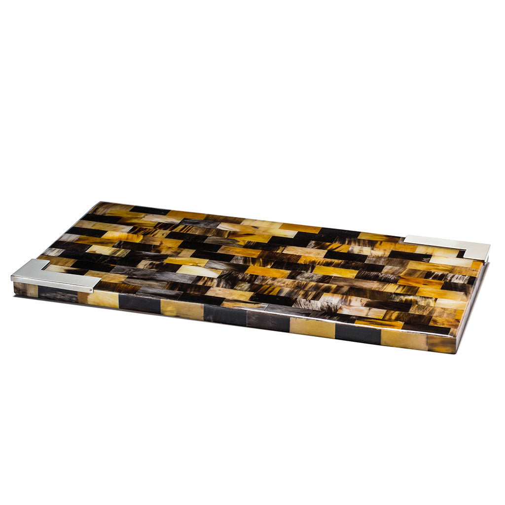 handmade black and light brown chequered natural horn rectangular serving board with german silver corners 