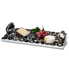 handmade black and brown horn rings inlaid in white wood rectangular serving board with two horn handles and german silver with cheese and grapes on top
