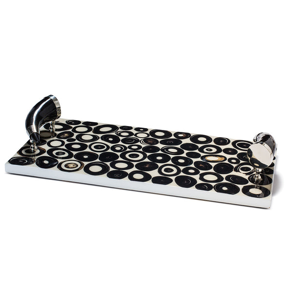 handmade black and brown horn rings inlaid in white wood rectangular serving board with two horn handles and german silver