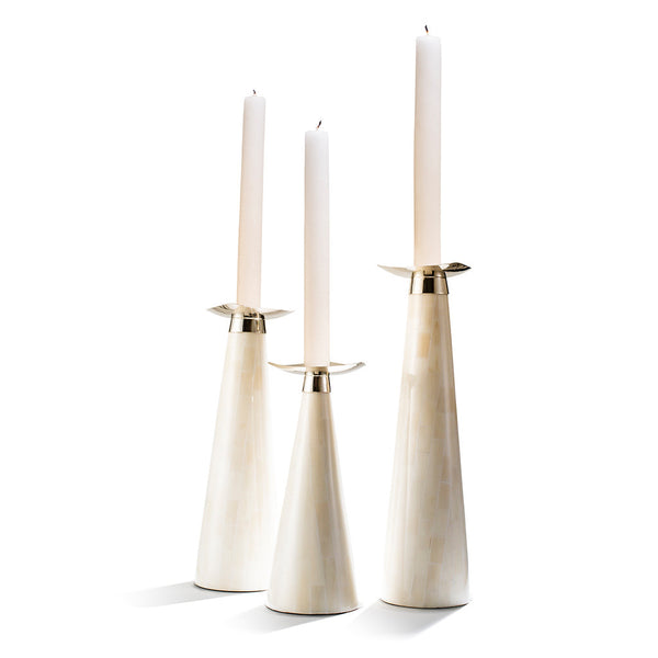 handmade cream and white bone on wood cylindrical candle holder set of three with german silver and three white taper candles 