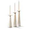 handmade cream and white bone on wood cylindrical candle holder set of three with german silver and three white taper candles 