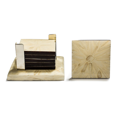 handmade light almendro bone square german silver on base with wood bone coaster set with coasters in container