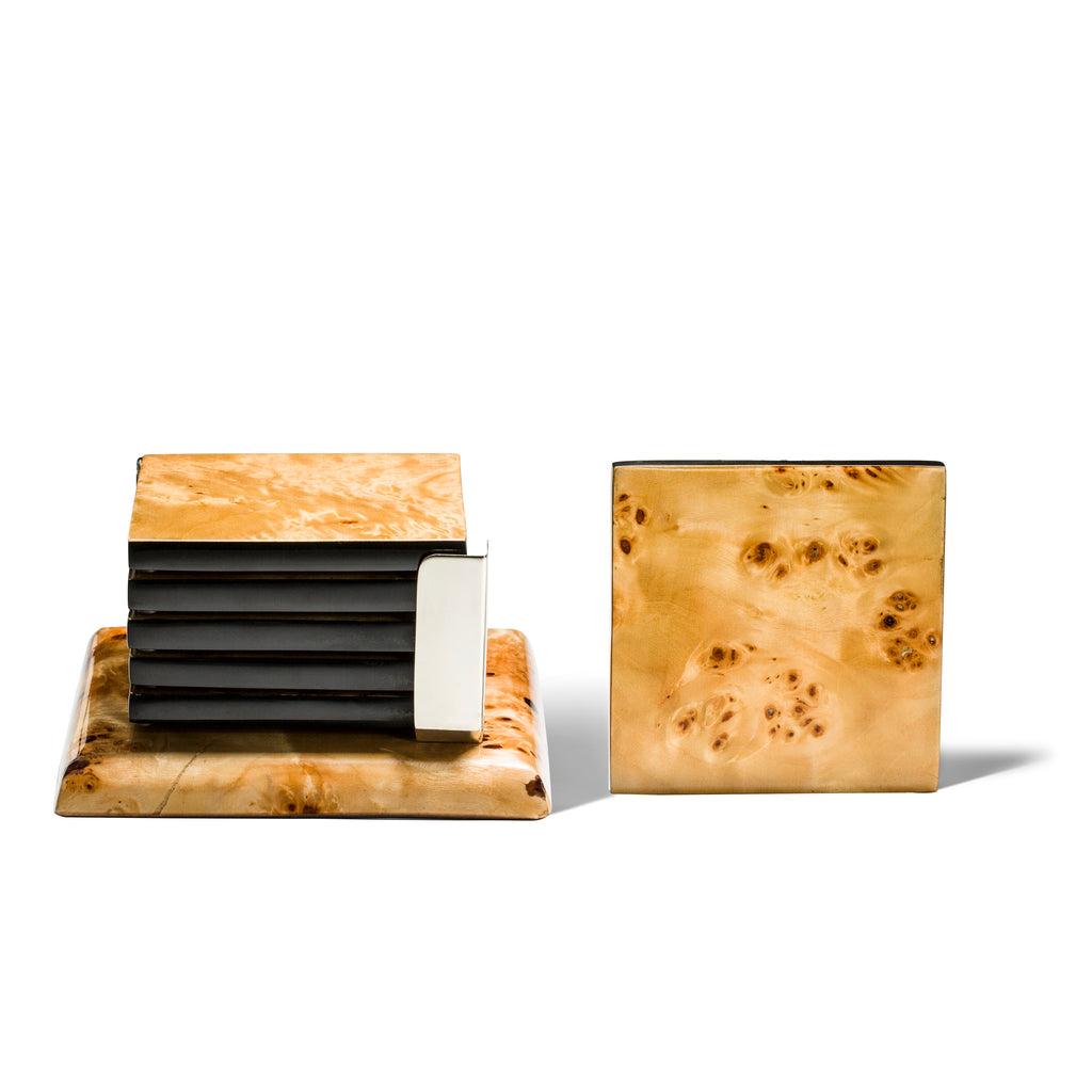 LaDorada presents the Burl Veneer Coaster Set, handcrafted with exquisite detail and hand-finished by Colombian artisans.