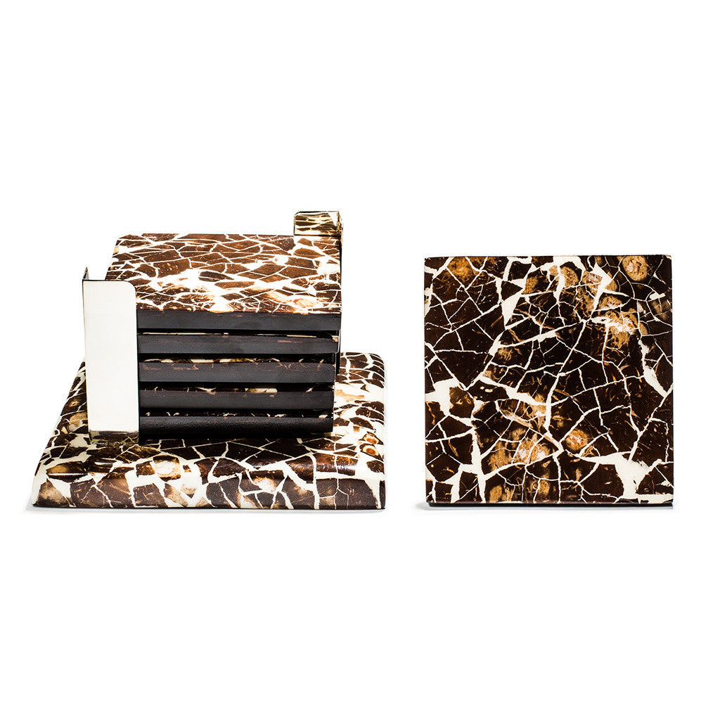 handmade black brown and white coconut shell and german silver square wood coaster set coasters stacked one on side