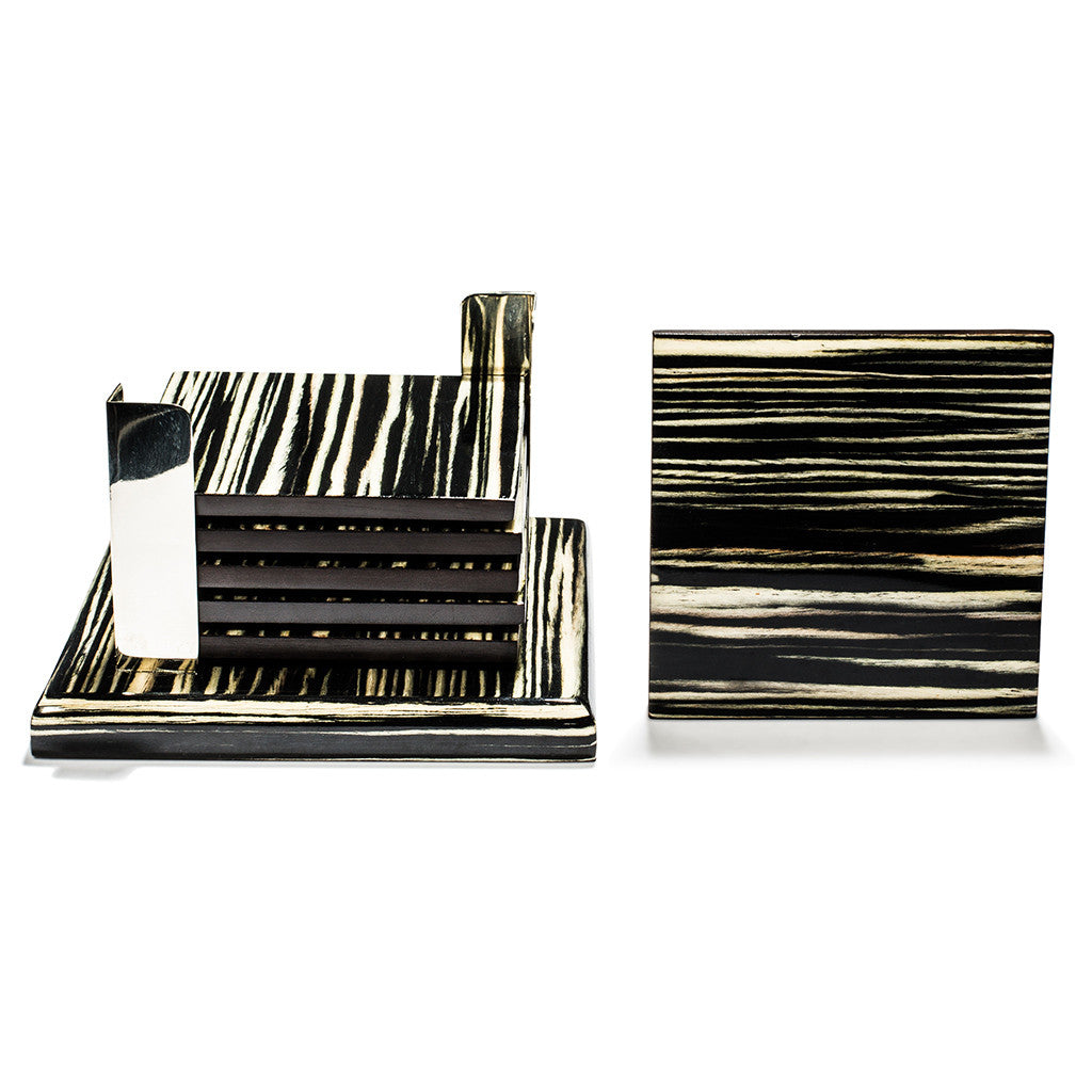 handmade black and cream striped ebano veneer square german silver wood coaster set coasters stacked one on side