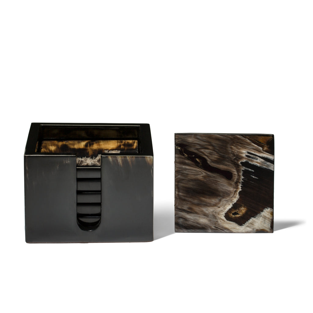 A Horn Veneer Coaster Set by LaDorada, handcrafted with exquisite detail, showcasing Colombian artistry.