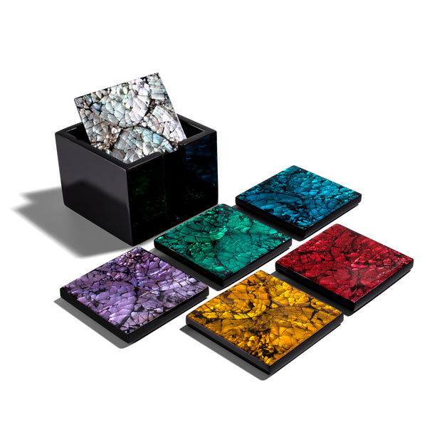 handmade mother of pearl multicolor coasters with one in black wood container