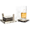 handmade black and cream ojo de pajaro and german silver wood square coasters on base with glass and liquor