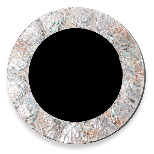 handmade natural iridescent mother of pearl charger plate with pearl rim and dark wood interior