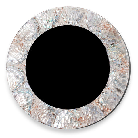 handmade natural iridescent mother of pearl charger plate with pearl rim and dark wood interior 