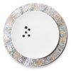 handmade natural iridescent mother of pearl charger plate with pearl rim with plate in center with five blueberries