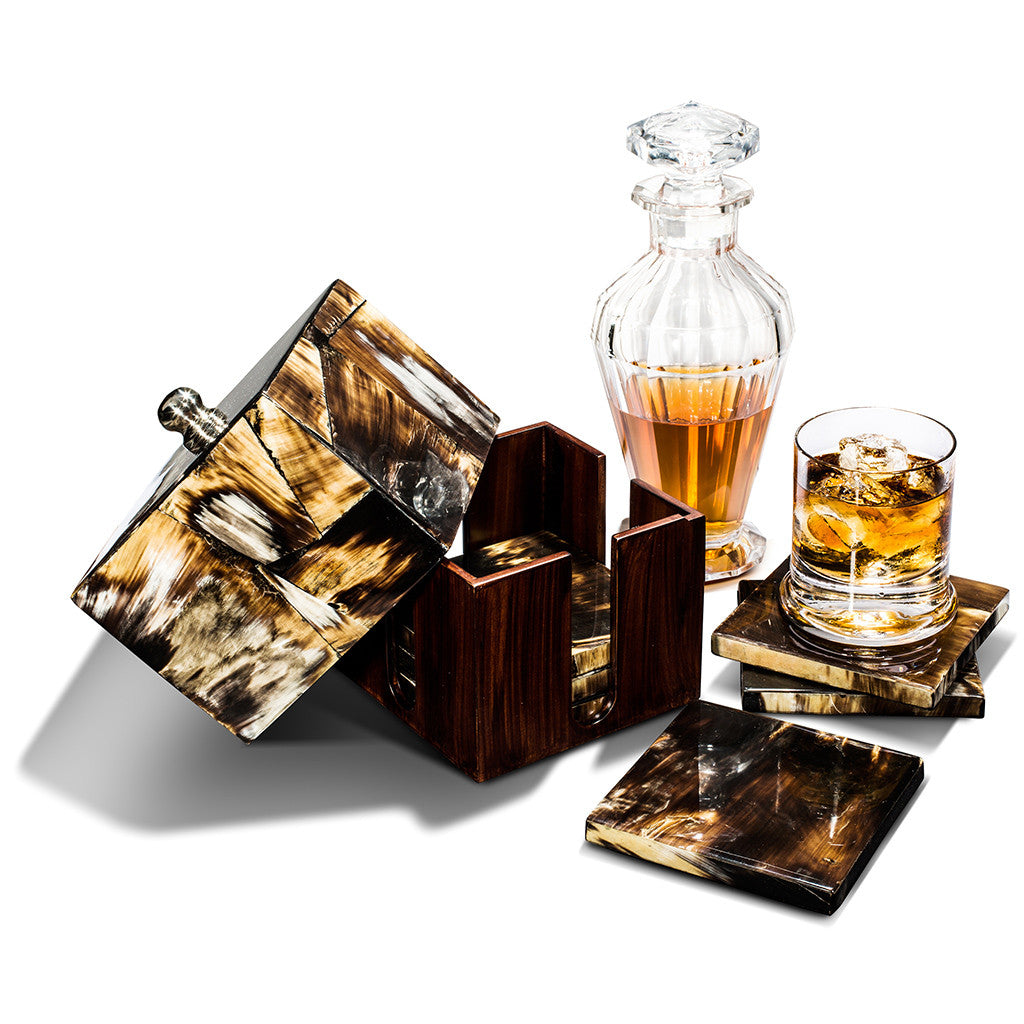 handmade black-beige splatter horn veneer german silver wood square coaster set with coasters coaster box drinking glasses