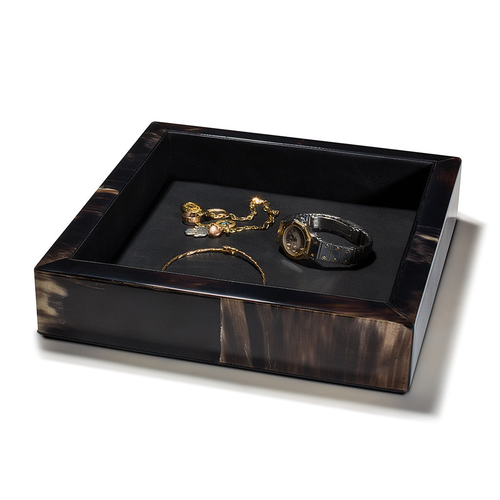 handmade dark horn veneer square valet catch-all with black leather interior and jewelry inside 