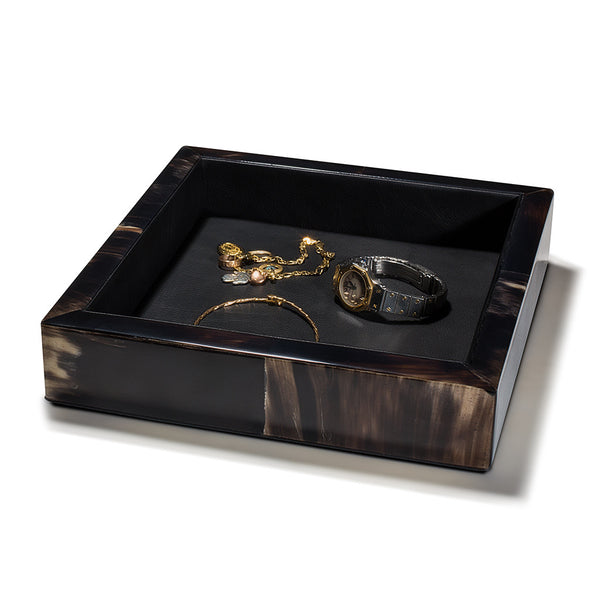 handmade dark horn veneer square valet catch-all with black leather interior and jewelry inside