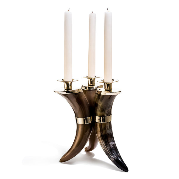 handmade black and brown natural patterned triple horn candleholder with german silver and three ivory taper candles 